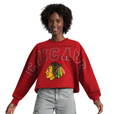  Chicago Blackhawks Starter Women's Bleachers Cropped Drop Shoulder Sweatshirt - Red