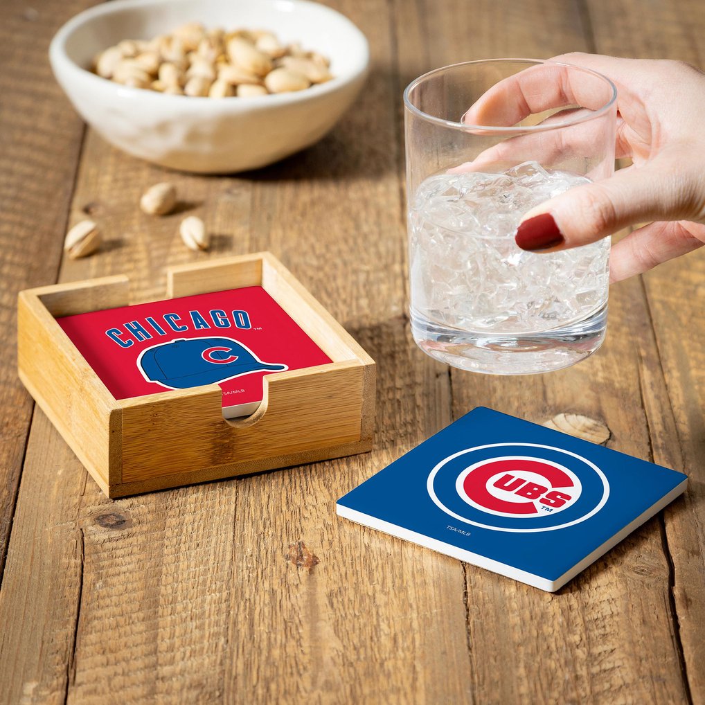 Chicago Cubs Four-Piece Ceramic Coaster Set with Wood Caddy