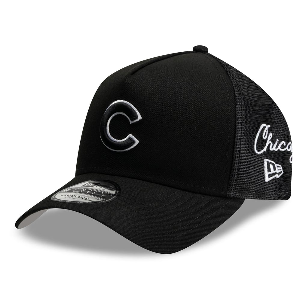 Chicago Cubs New Era Side Script 9FORTY A-Frame Trucker Adjustable Hat - Black