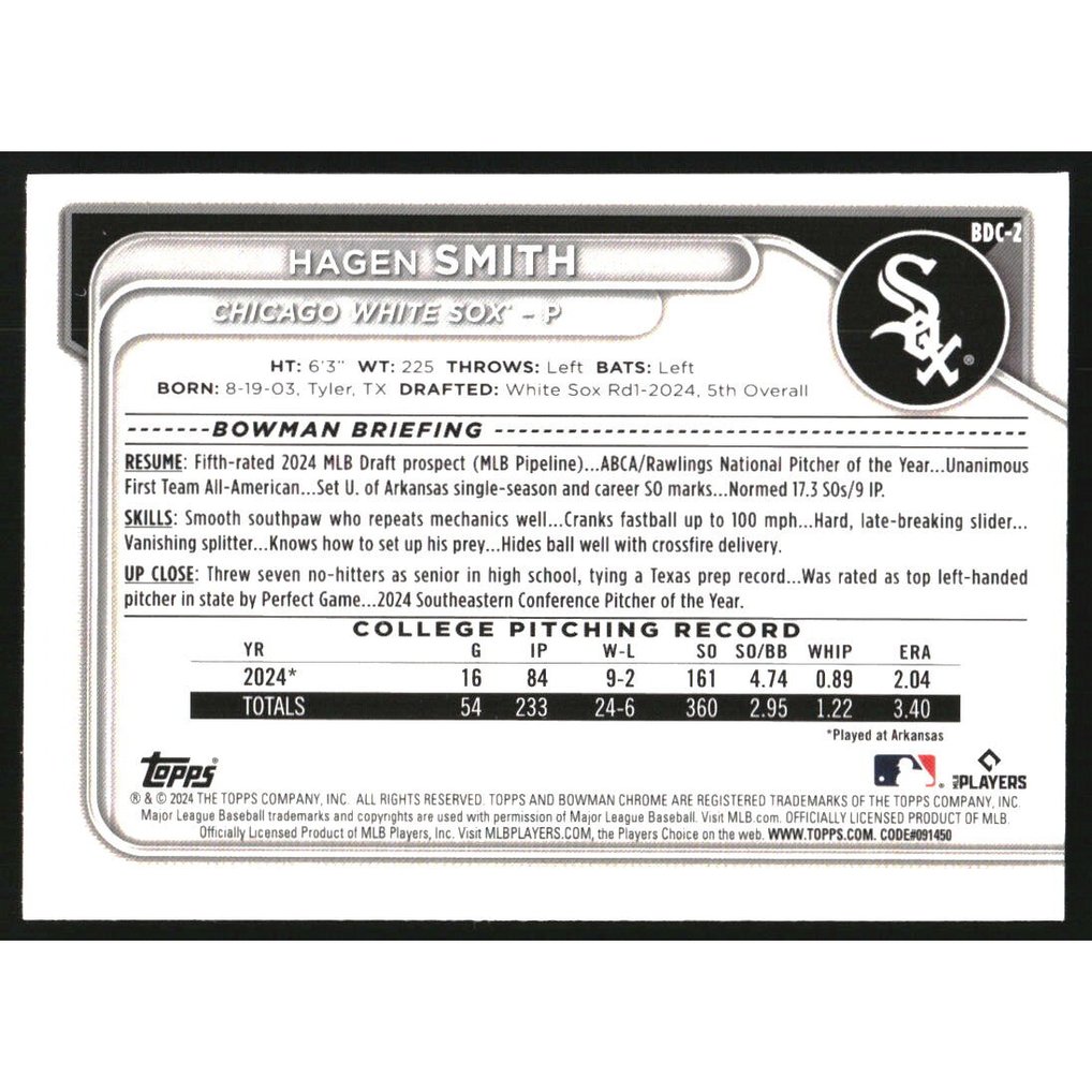2024 Bowman Chrome Draft Sapphire #BDC2 Hagen Smith