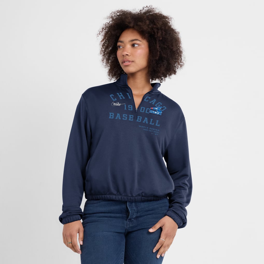 Chicago White Sox Nike Women's Rewind Splice Half-Zip Semi-Cropped Bubble Hem Sweatshirt - Navy
