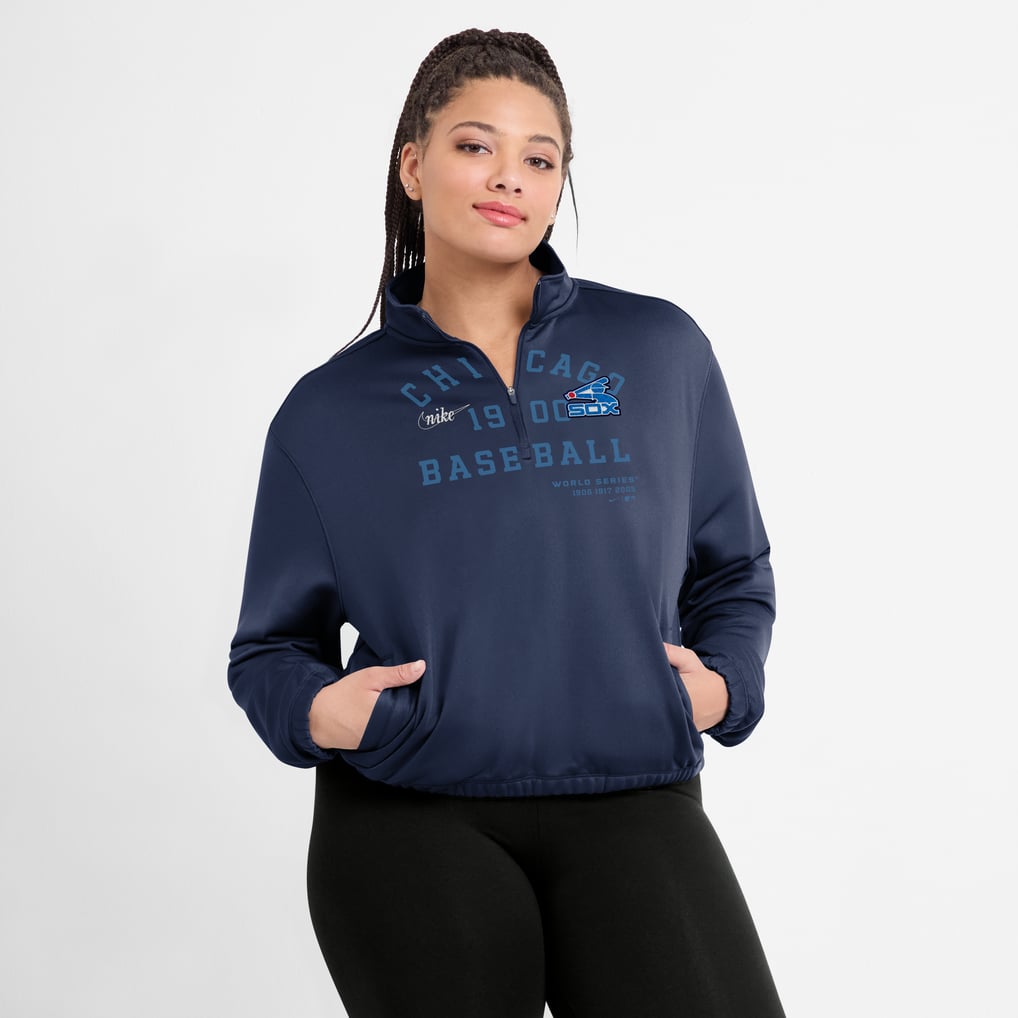 Chicago White Sox Nike Women's Rewind Splice Half-Zip Semi-Cropped Bubble Hem Sweatshirt - Navy