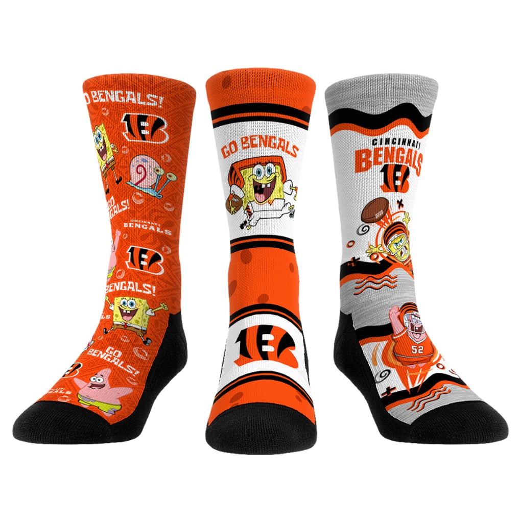 Cincinnati Bengals Rock Em Socks Unisex NFL x Nickelodeon Spongebob Squarepants 3-Pack Crew Socks Set