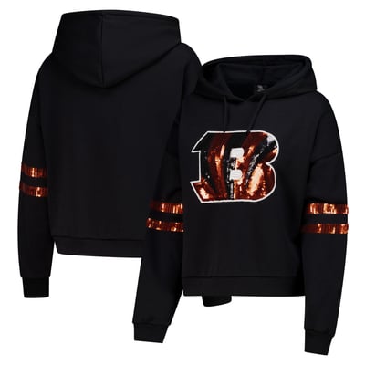 Cincinnati Bengals Cuce Women's Cropped Sequins Pullover Hoodie - Black