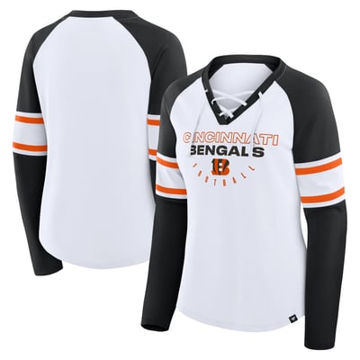 Cincinnati Bengals Fanatics Women's Redzone Blitz Package Raglan Lace-Up V-Neck Long Sleeve T-Shirt - White/Black