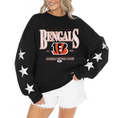 Cincinnati Bengals Gameday Couture Women's Rhinestone Star Sleeve Settle the Score Oversized Tri-Blend Pullover  - Black