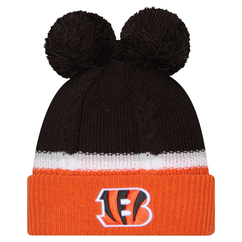  Cincinnati Bengals New Era Women's Double Bubble Cuffed Knit Hat with Poms - Black