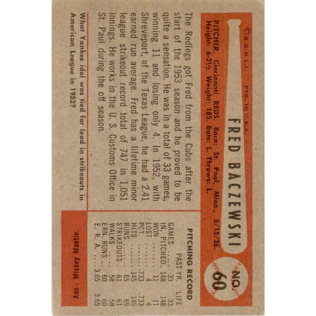 1954 Bowman #60 Fred Baczewski RC
