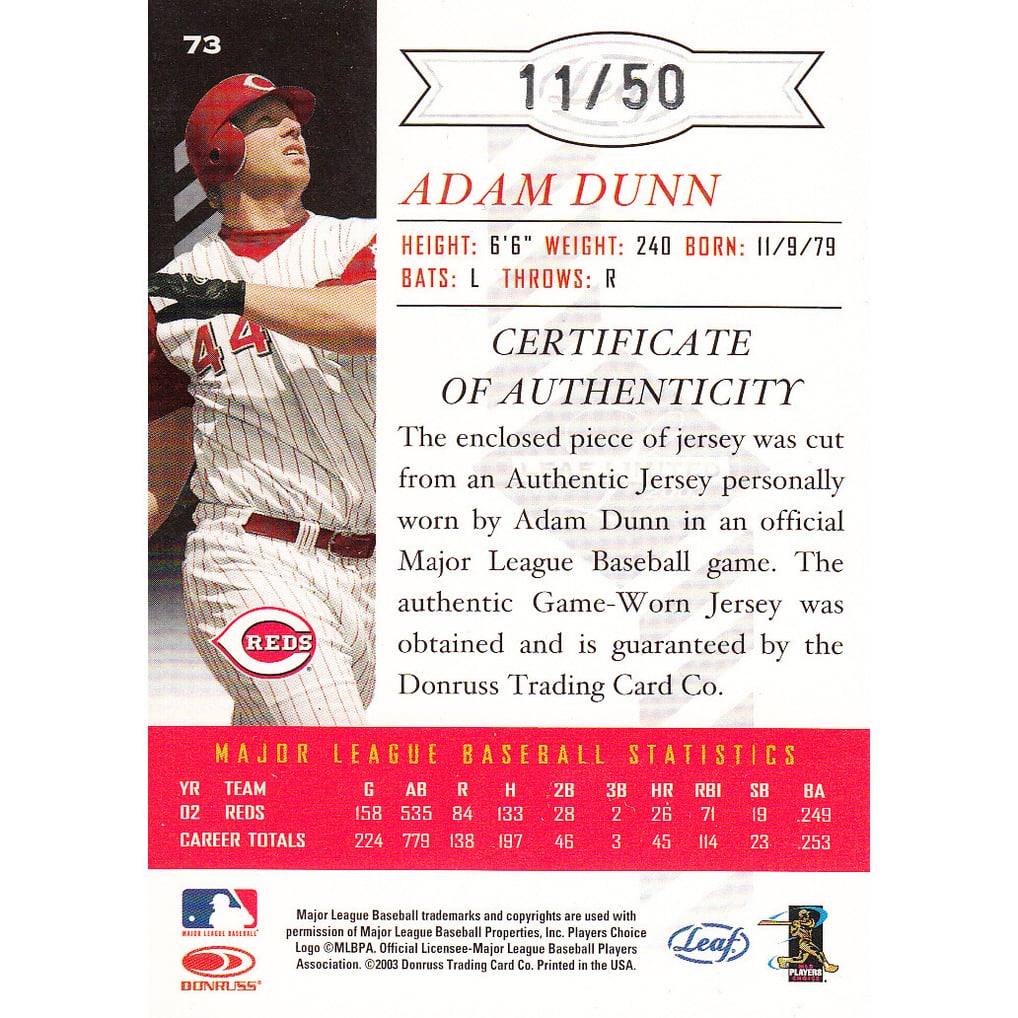 2003 Leaf Limited Threads #73 Adam Dunn A/50