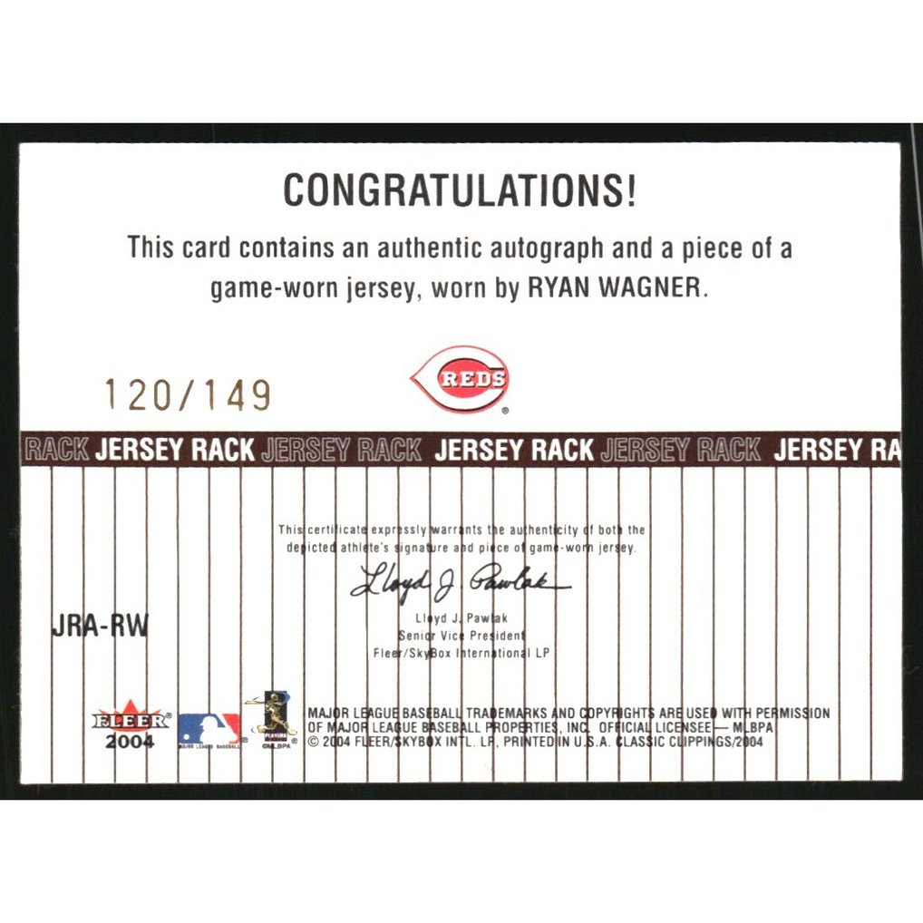 2004 Classic Clippings Jersey Rack Autograph Bronze #RW Ryan Wagner