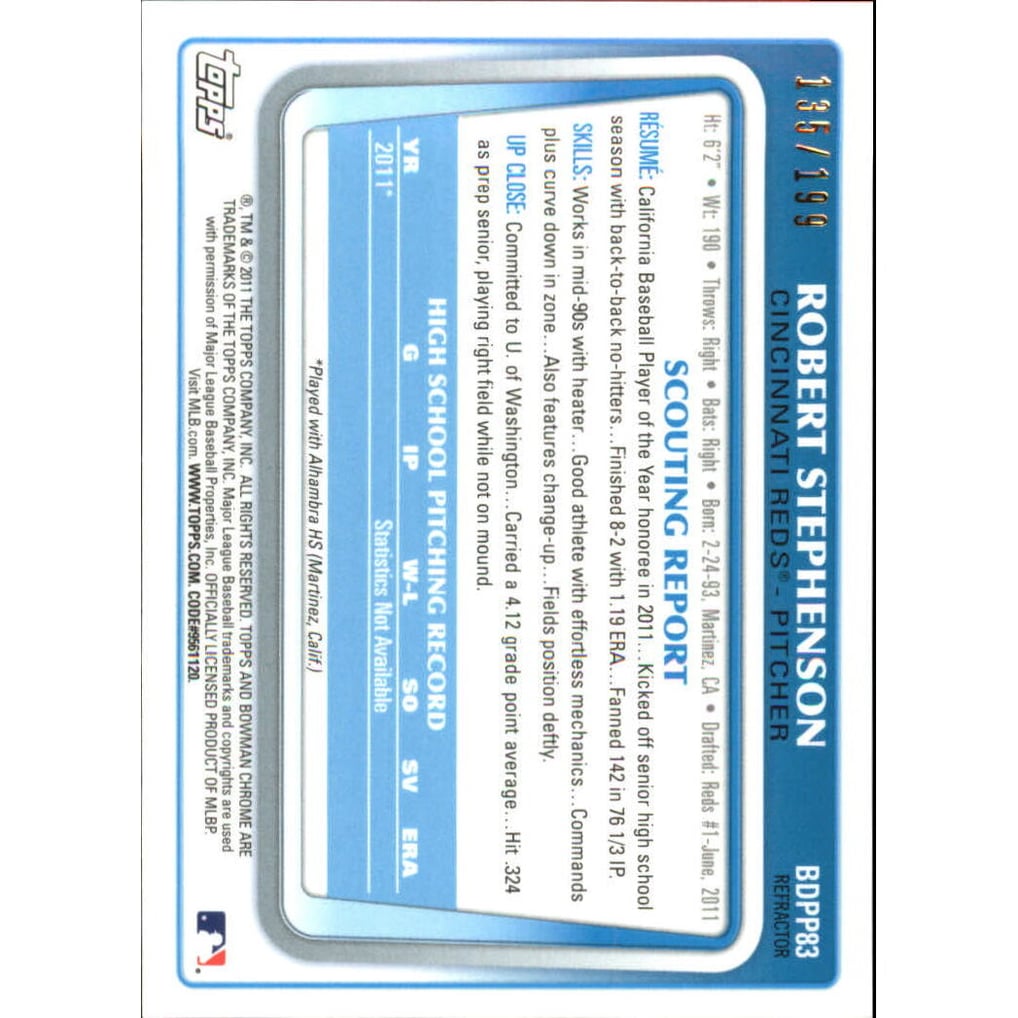 2011 Bowman Chrome Draft Prospects Blue Refractors #BDPP83 Robert Stephenson
