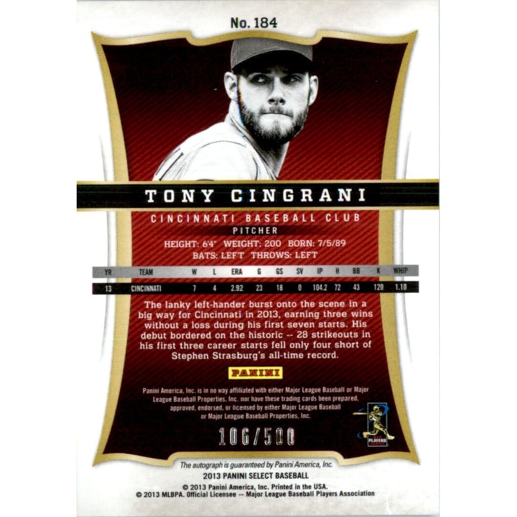 2013 Select #184 Tony Cingrani AU/500 RC