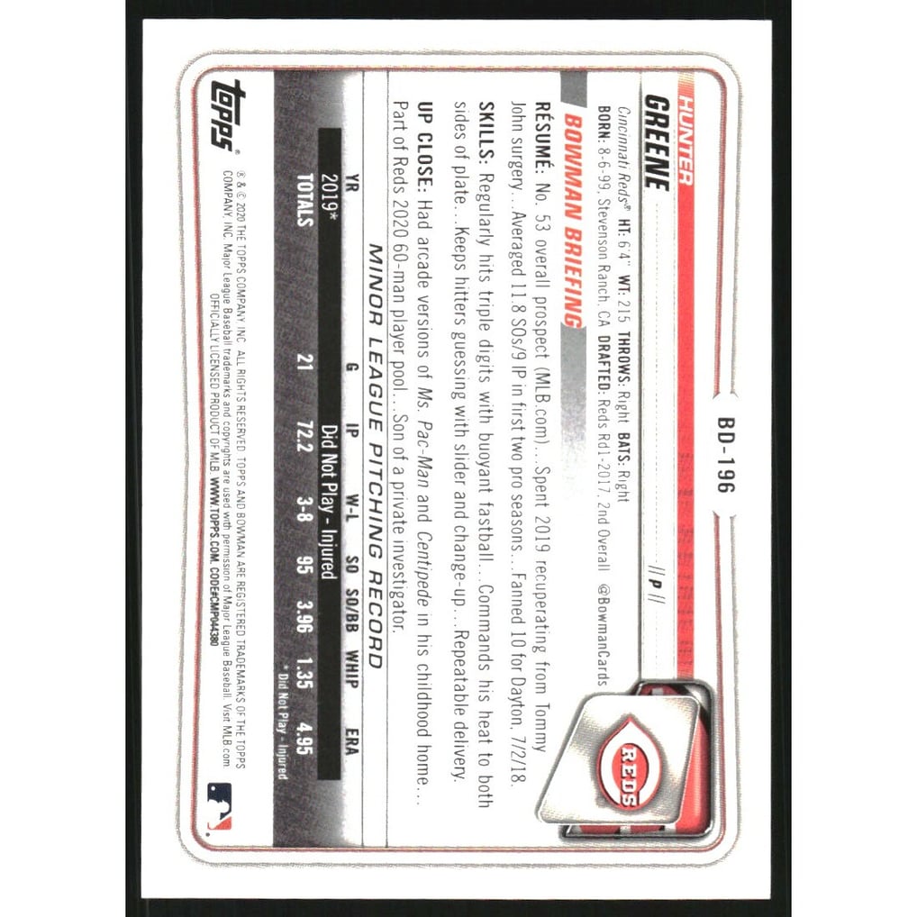 2020 Bowman Draft 1st Edition Blue Foil #BD196 Hunter Greene