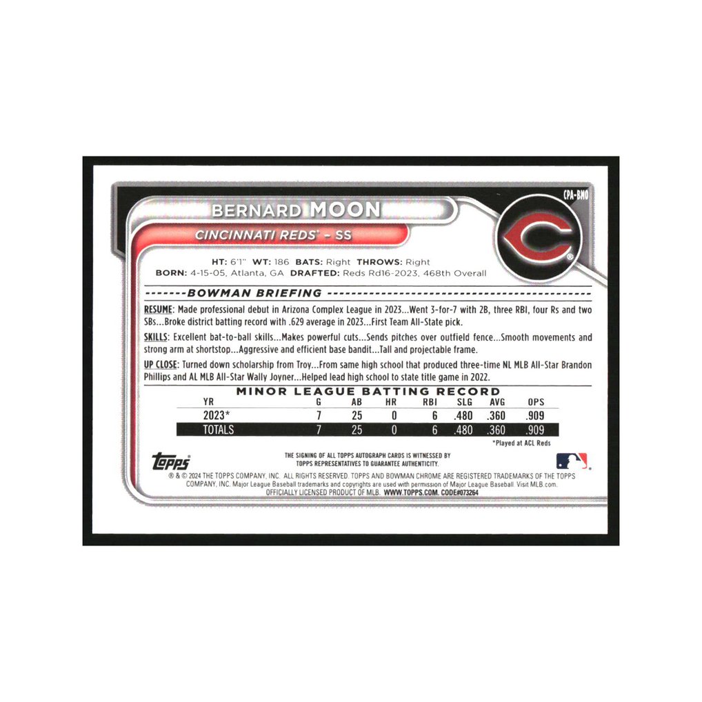 2024 Bowman Chrome Prospect Autographs Orange Bernard Moon RC Auto /25