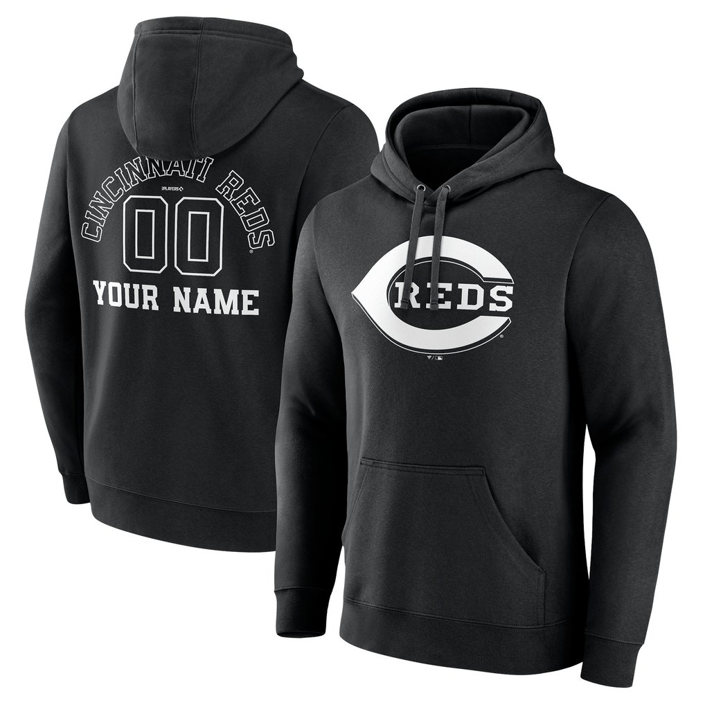 Cincinnati Reds Monochrome Personalized Name & Number Pullover Hoodie - Black