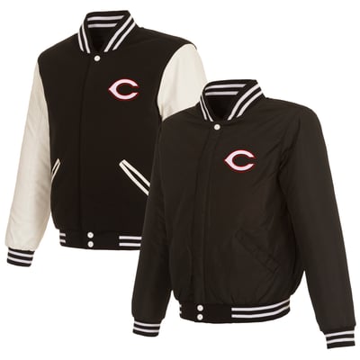 Cincinnati Reds JH Design Reversible Fleece Jacket with Faux Leather Sleeves - Black