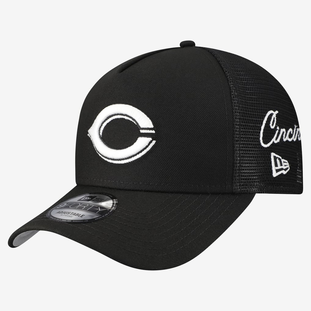 Cincinnati Reds New Era Side Script 9FORTY A-Frame Trucker Adjustable Hat - Black
