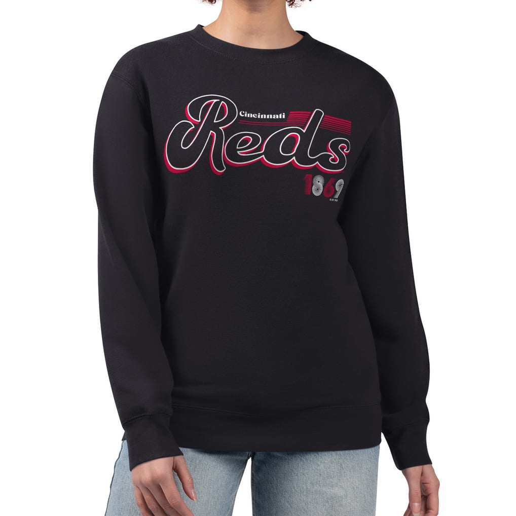 Cincinnati Reds Starter Women's Groovy Script Team Fleece Pullover Sweatshirt - Black