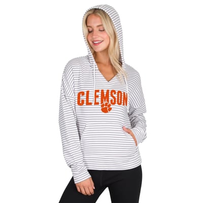  Clemson Tigers Concepts Sport French Terry Striped V-Neck Pullover Hoodie - White/Gray