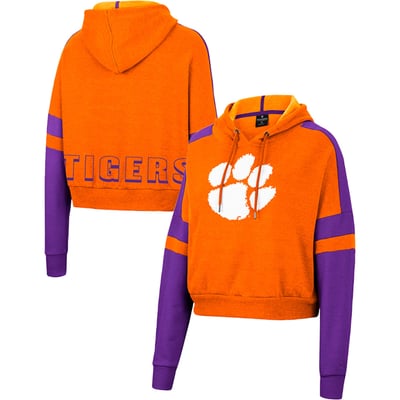 Clemson Tigers Colosseum Women's Throwback Stripe Arch Logo Cropped Pullover Hoodie - Orange