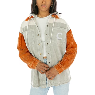 Clemson Tigers Gameday Couture Women's Vintage Wash Corduroy Full-Snap Hooded Shacket - Gray
