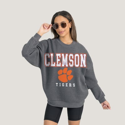  Clemson Tigers Gameday Couture Women's Oversized Distressed Fleece Pullover Sweatshirt - Heather Charcoal