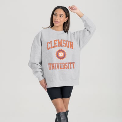 Clemson Tigers Gameday Couture Women's Oversized Good Vibes Premium Fleece Drop Shoulder Pullover Sweatshirt - Steel
