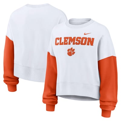 Clemson Tigers Nike Women's Oversized Color-Block Pullover Sweatshirt - White