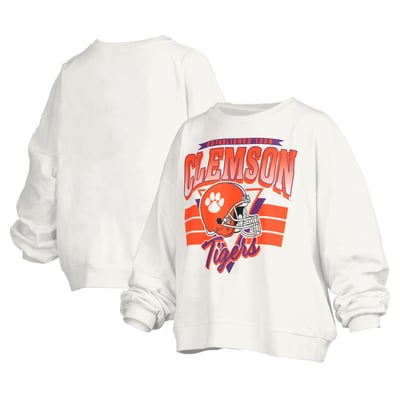 Clemson Tigers Pressbox Women's Janice Retro Logo Oversized Pullover Sweatshirt - White