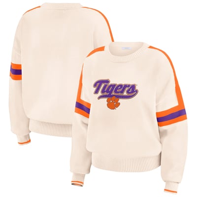  Clemson Tigers WEAR by Erin Andrews Women's Chenille Woven Patch Stripe Pullover Sweater - Cream
