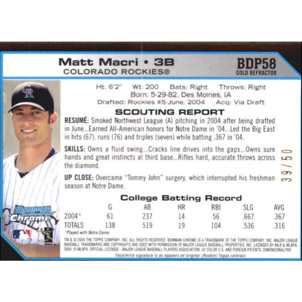 2004 Bowman Chrome Draft Gold Refractors #BDP58 Matt Macri