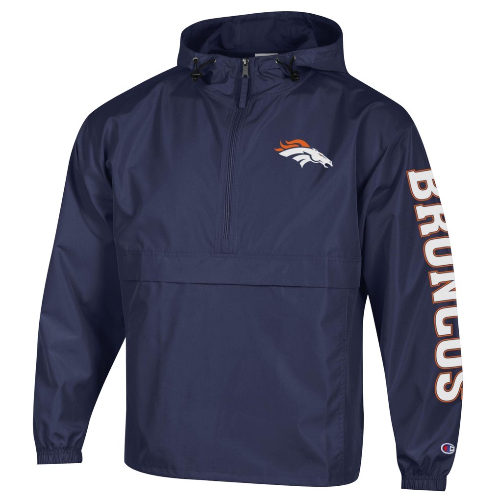 Denver Broncos Champion Packable Hooded Windbreaker Half-Zip Jacket - Navy