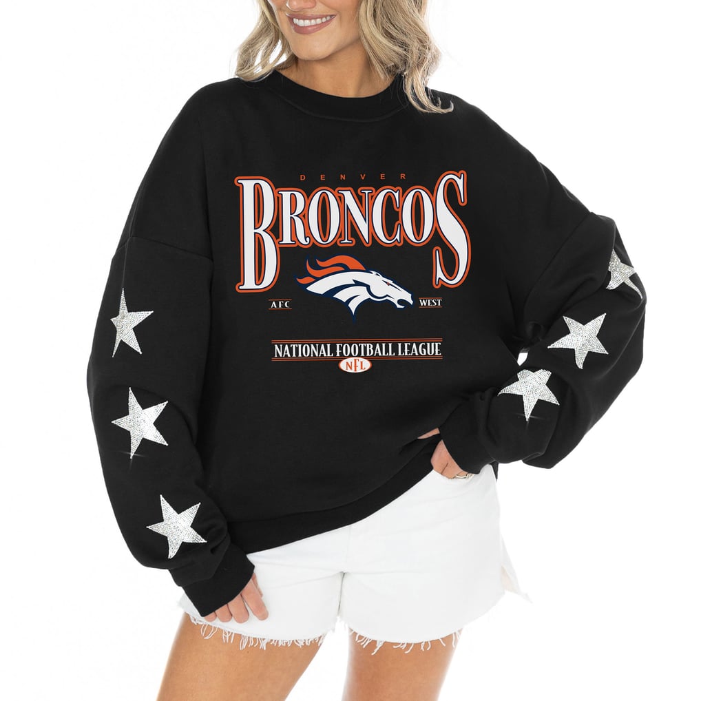 Denver Broncos Gameday Couture Women's Rhinestone Star Sleeve Settle the Score Oversized Tri-Blend Pullover  - Black