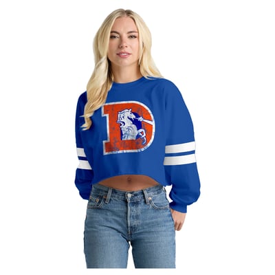  Denver Broncos Spirit Jersey Oversized Cropped Stripe Long Sleeve T-Shirt - Navy