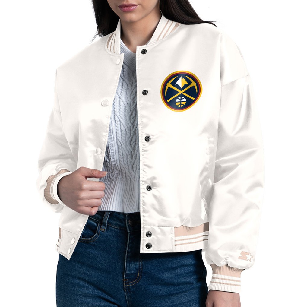 Denver Nuggets Starter Women's Printed Logo Cropped Satin Varsity Full-Snap Jacket - Cream