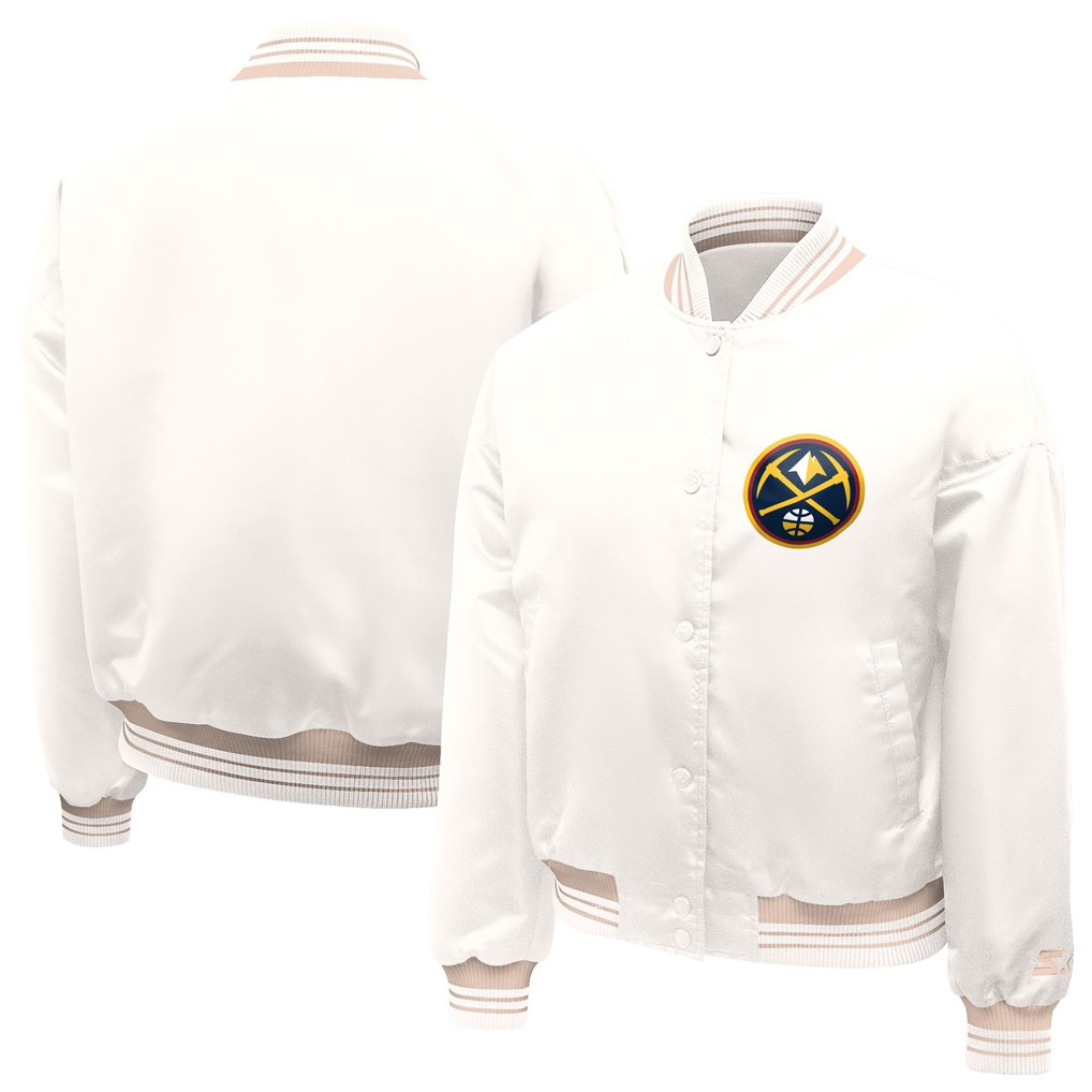 Denver Nuggets Starter Women's Printed Logo Cropped Satin Varsity Full-Snap Jacket - Cream