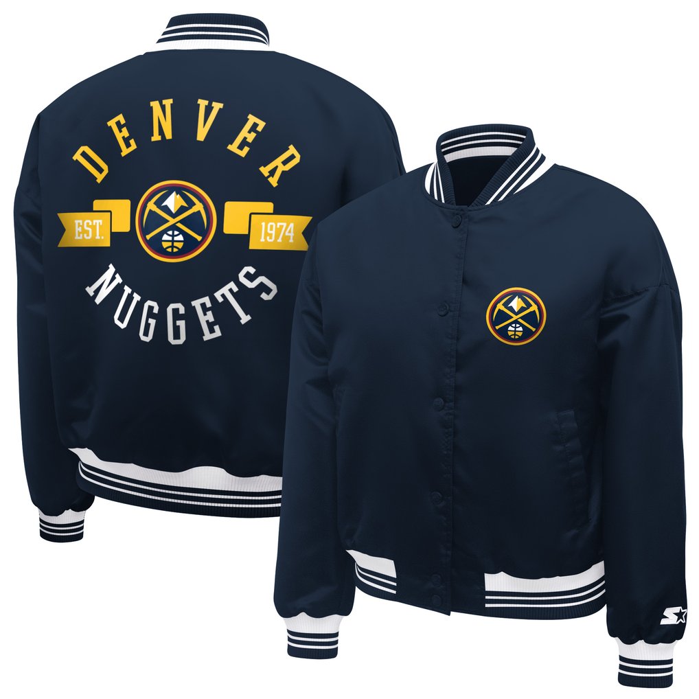  Denver Nuggets Starter Women's Printed Logo Cropped Satin Varsity Full-Snap Jacket - Navy