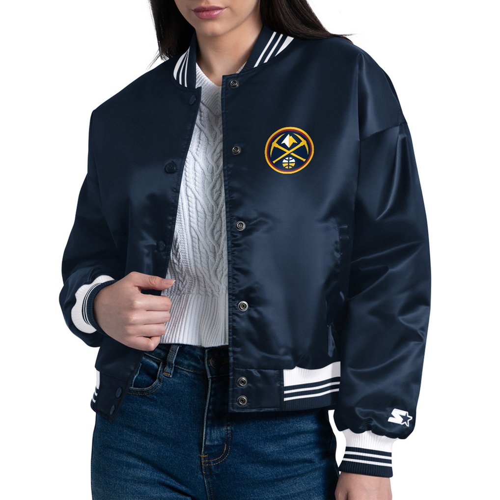 Denver Nuggets Starter Women's Printed Logo Cropped Satin Varsity Full-Snap Jacket - Navy