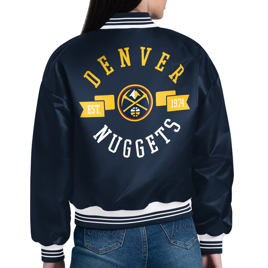  Denver Nuggets Starter Women's Printed Logo Cropped Satin Varsity Full-Snap Jacket - Navy