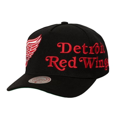  Detroit Red Wings Mitchell & Ness Busted Logo Wordmark Wrap-Around Pro Pinch Adjustable Hat - Black