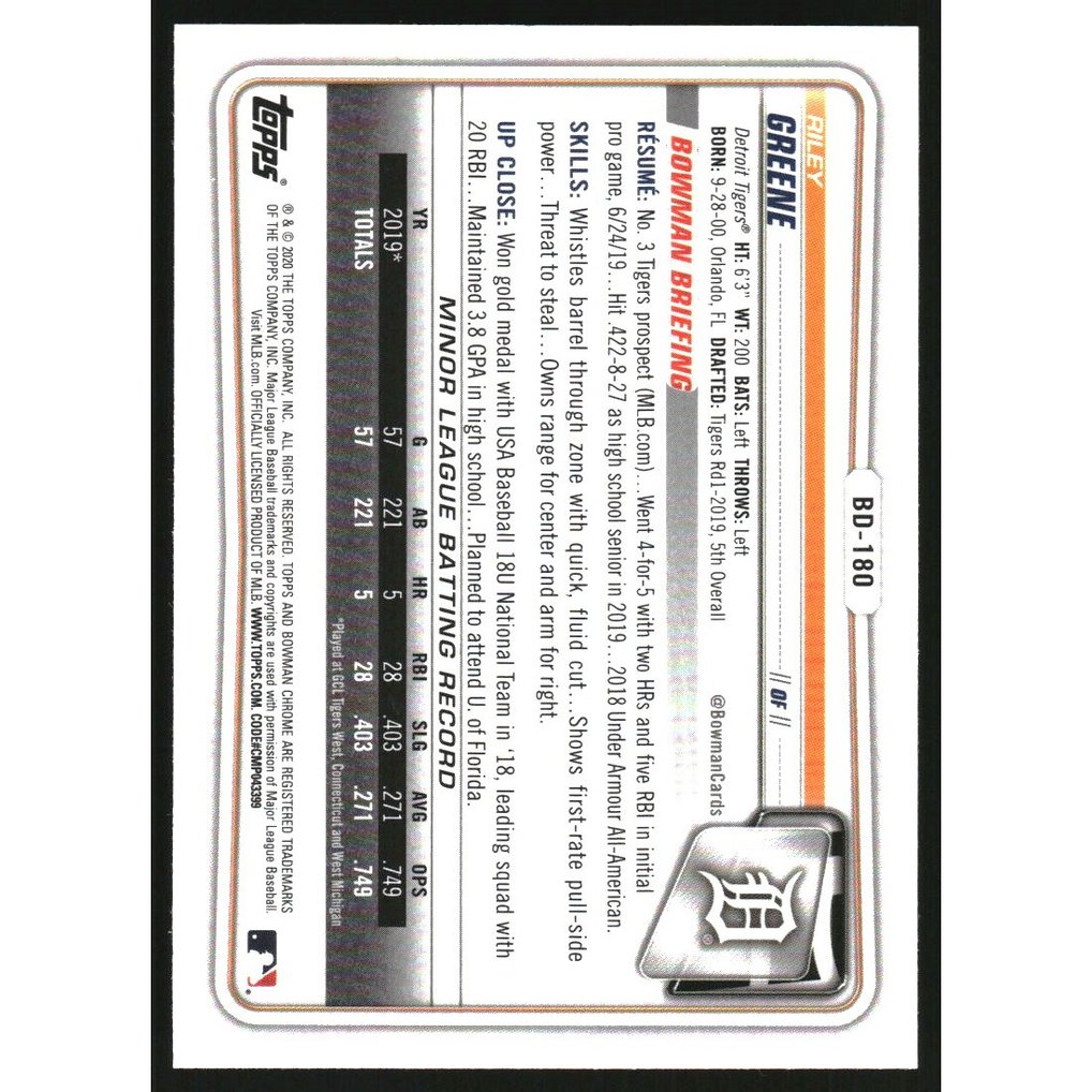 2020 Bowman Chrome Draft Sapphire #BD180 Riley Greene