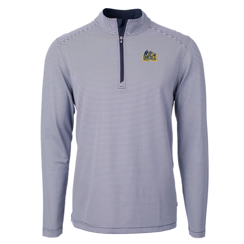  Drexel Dragons Cutter & Buck Big & Tall Virtue Eco Pique Micro Stripe Recycled Quarter-Zip Pullover Top - Navy/White