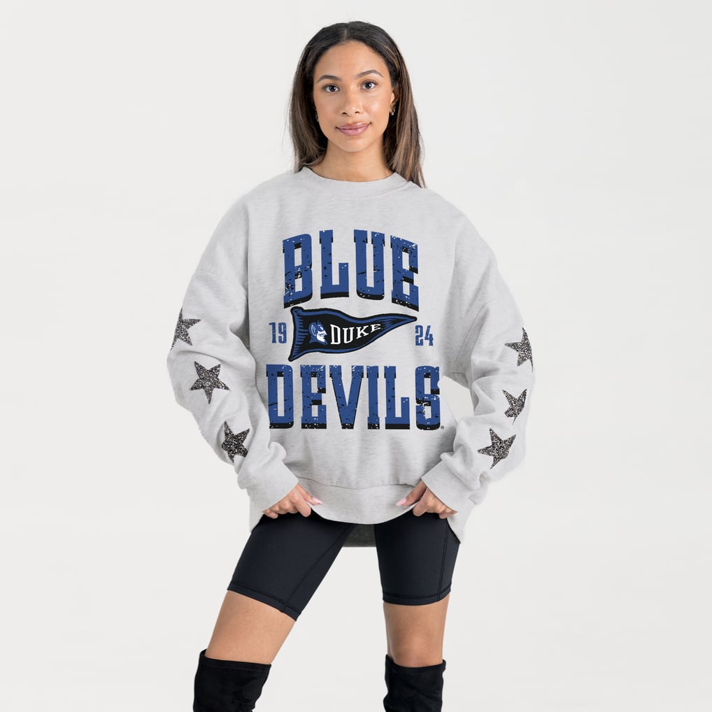 Duke Blue Devils Gameday Couture Women's Oversized Pennant Pride Rhinestone Star Sleeve Sweatshirt - Ash