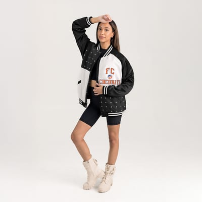  FC Cincinnati Gameday Couture Women's Refined Rivalries Rhinestone Raglan Full-Snap Varsity Bomber Jacket - Black