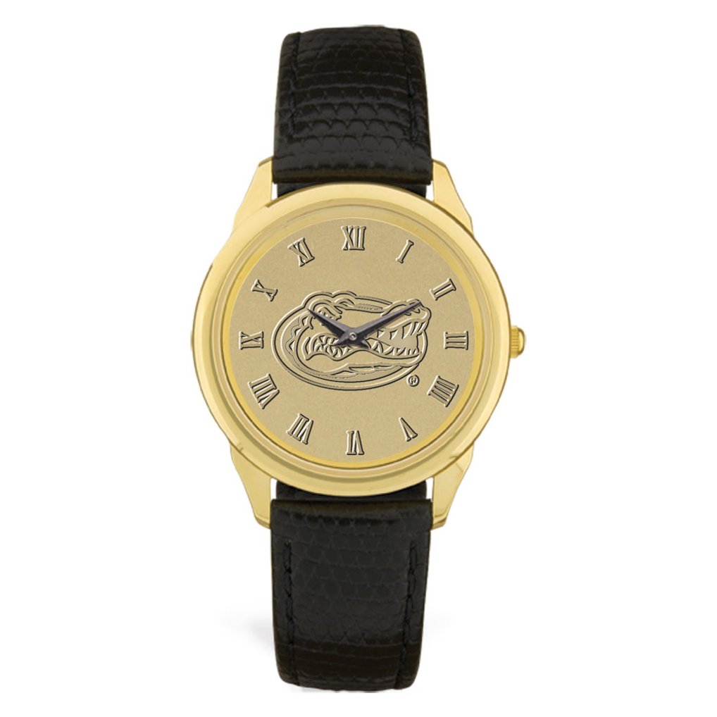 Florida Gators Personalized Medallion Black Leather Wristwatch - Gold