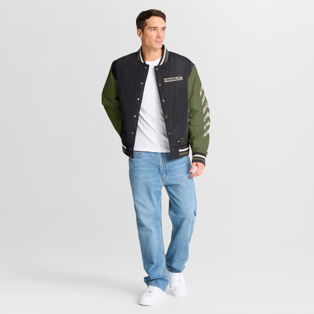  Formula 1 Sateen Full-Snap Bomber Jacket - Black/Olive