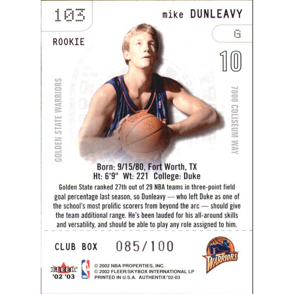 2002-03 Fleer Authentix Club #103 Mike Dunleavy