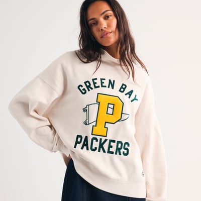 Green Bay Packers Abercrombie & Fitch Women's Sunday Oversized Funnel Neck Sweatshirt - Cream