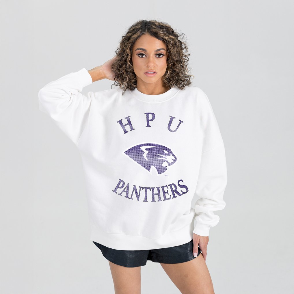 High Point Panthers Gameday Couture Women's Oversized Good Vibes Premium Fleece Drop Shoulder Pullover Sweatshirt - White