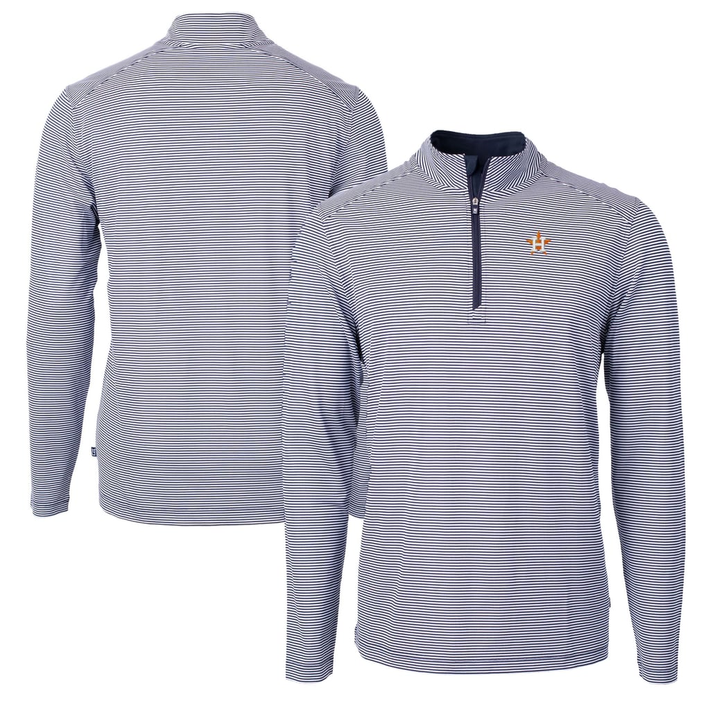 Houston Astros Cutter & Buck Virtue Eco Pique Micro Stripe Recycled Quarter-Zip Pullover Top - Navy/White